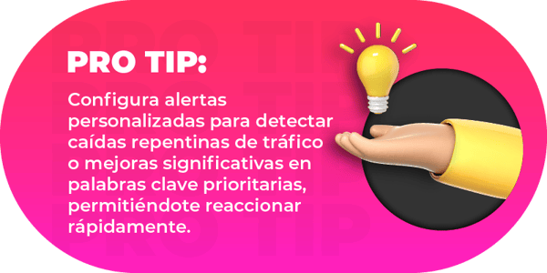 Configura alertas personalizadas para detectar caídas repentinas de tráfico o mejoras significativas en palabras clave prioritarias, permitiéndote reaccionar rápidamente.